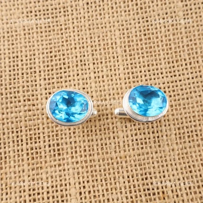 Abotoaduras de aniversário de topázio azul suíço natural prata esterlina 925 - Imagem 1 de 4