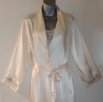 Jones New York Peignoir Set Long Bridal Kimono Slip Cream Embroidery Accent Sz M - Image 1 of 4