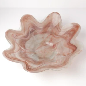 Vintage 80's San Miguel Vidrios Pink White Scalloped Edge Art Glass Bowl - Picture 1 of 3