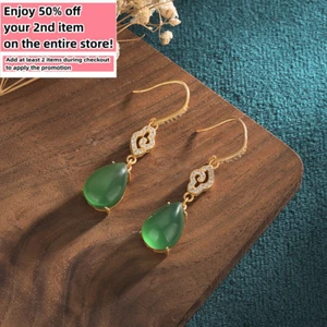 Pendientes colgantes con gota de cristal de jade verde gancho para oreja de piedras preciosas boho chapado en oro 18K - Imagen 1 de 6
