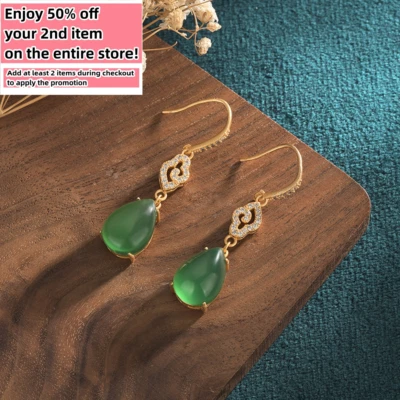 Green Jade Crystal Drop Dangle Earrings Boho Gemstone Ear Hook 18K Gold Plated - Image 1 of 4