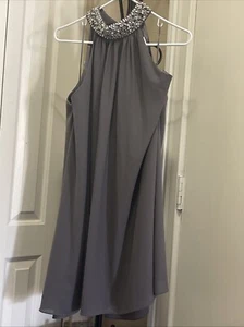 NWT Belle Badgley Mischka Mock Neck Beaded Polyester Linen Halle Dress Gray Sz6 - Picture 1 of 6