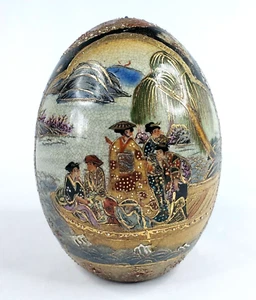 Vintage Japanese Porcelain Ceramic Egg 6" Hand Paint Geisha Boat River Oriental - Bild 1 von 12