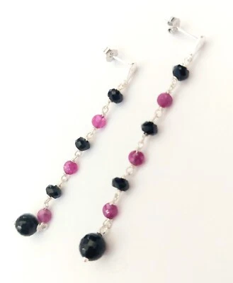 Orecchini in argento 925  con rubini naturali da 3 mm onice e spinello nero - Immagine 1 di 4