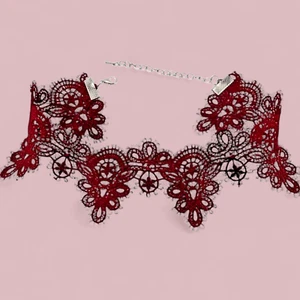 DARK CHERRY RED LACE CHOKER burgundy maroon gothic scalloped necklace 12-15" Z2 - Picture 1 of 4