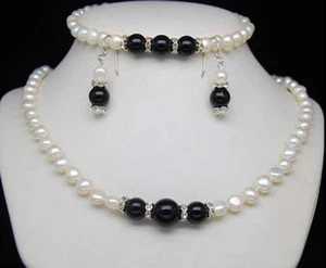 7-8mm White Freshwater Pearl Black Agate Necklace Bracelet Earrings Set PN259 - Picture 1 of 2