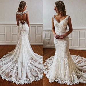 Ivory Mermaid Wedding Dresses V Neck Sleeveless Lace Applique Beach Bridal Gowns - Picture 1 of 8