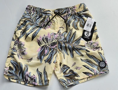 VOLCOM Boys M 10/12 Board Center Swim Trunks Shorts Mesh Lined Yellow Tropical - Image 1 of 3