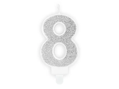 CANDELA numero 8 Argento GLITTER per torta - candelina in cera numerale per dolc - Immagine 1 di 2