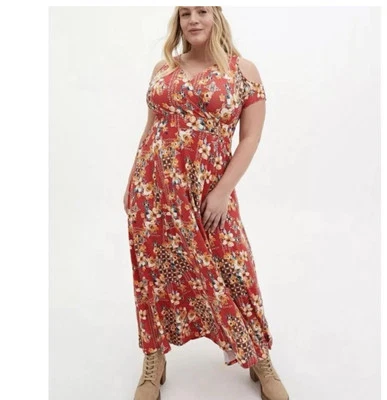 Torrid Super Soft Floral Cold Shoulder Maxi Dress Size 1 Boho Chic Summer Vibes - Image 1 of 4