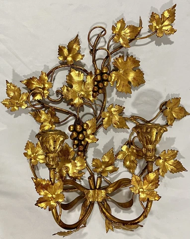 Vintage Italian Tole Metal Wood Wall 2-Candle Sconce Gold Gilt MCM Grapes -20x16 Cover