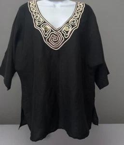 Michael Kors Sz Medium Black Embellished Embroidered Linen Tunic 3/4 Sleeve Top - Picture 1 of 12