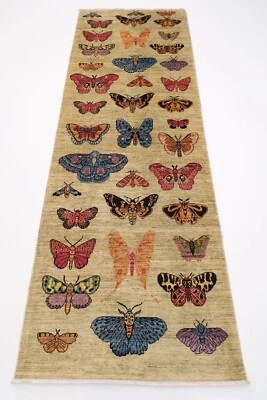 10 ft Butterfly  Hallway Runner Rug Afghan Hand Knotted veg Dye Wool Rug - Image 1 of 4