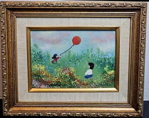 Vintage Louis CARDIN Enamel on Copper Painting Girl w Balloon  & Boy Flowers - Picture 1 of 6