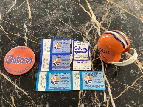 Florida gators Ticket Stubs/bottle Opener/1984 SEC Champ Pin Cover