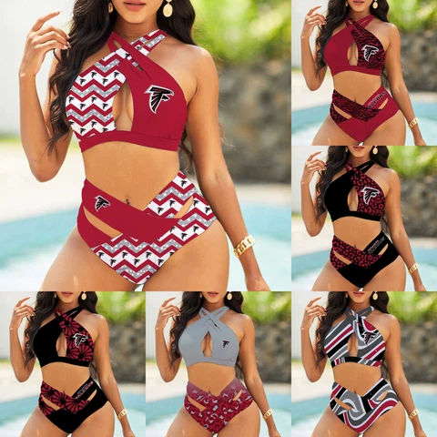 Atlanta Falcons Women’s Front Cross Swimsuit Halter Neck High Waist Bikini Cover