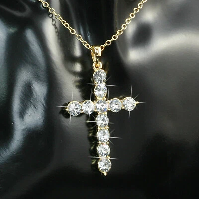 Collana da Donna con Croce Ciondolo Zirconi 750 Oro 18 Carati Dorato A1164 - Immagine 1 di 4