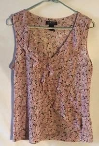 New York & Co Womens L Pink Floral Nylonal Mesh Sleeveless Top Ruffles Stretch - Picture 1 of 6