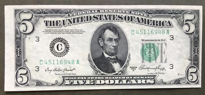 1950A $5 FRN  [] PHILADELPHIA [] CUTTING ERROR  [] C 45116948  A - Image 1 of 3