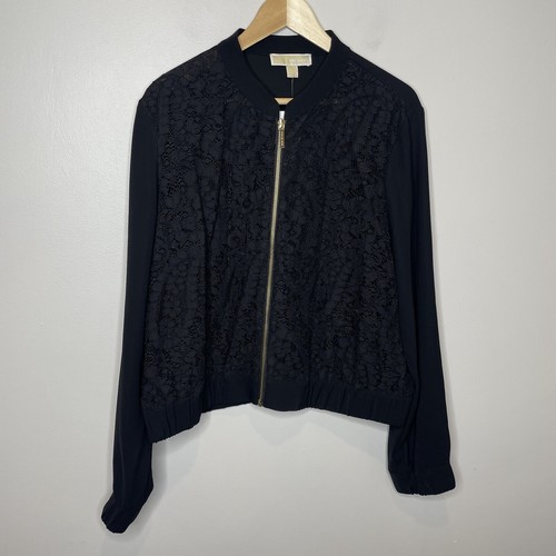 Giacca bomber donna Michael Kors XL nera pizzo anteriore cerniera maniche lunghe nuova con etichette