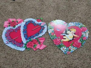 2 Vintage Valentines Day Die Cut Cardboard Decorations Cupid & Double Heart USA - Picture 1 of 13