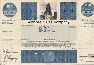 Stock certificate Wisconsin Gas Company dated 1975 for 100 Shares - Picture 1 of 1