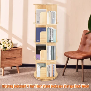 Rotating Bookshelf 360 Display 4 Tier Floor Stand Bookcase Storage Rack Wood - Picture 1 of 20
