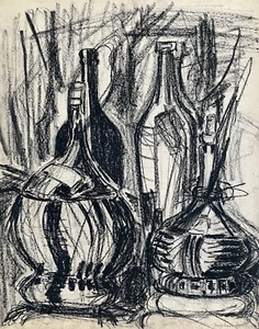 Expressive Charcoal Drawing Still Life With Wine Bottles Modern Um 1950/60 - Picture 1 of 5