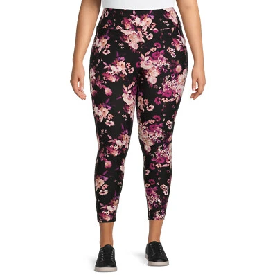 Terra & Sky Womens Plus Fitted Leggings Size 2X High Rise Berry Floral Print - Image 1 of 4