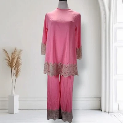 Conjunto de pantalones de pijama largos de nailon Gilead vintage años 60 talla M conjunto de salón con adornos de encaje rosa Foto 1 de 4