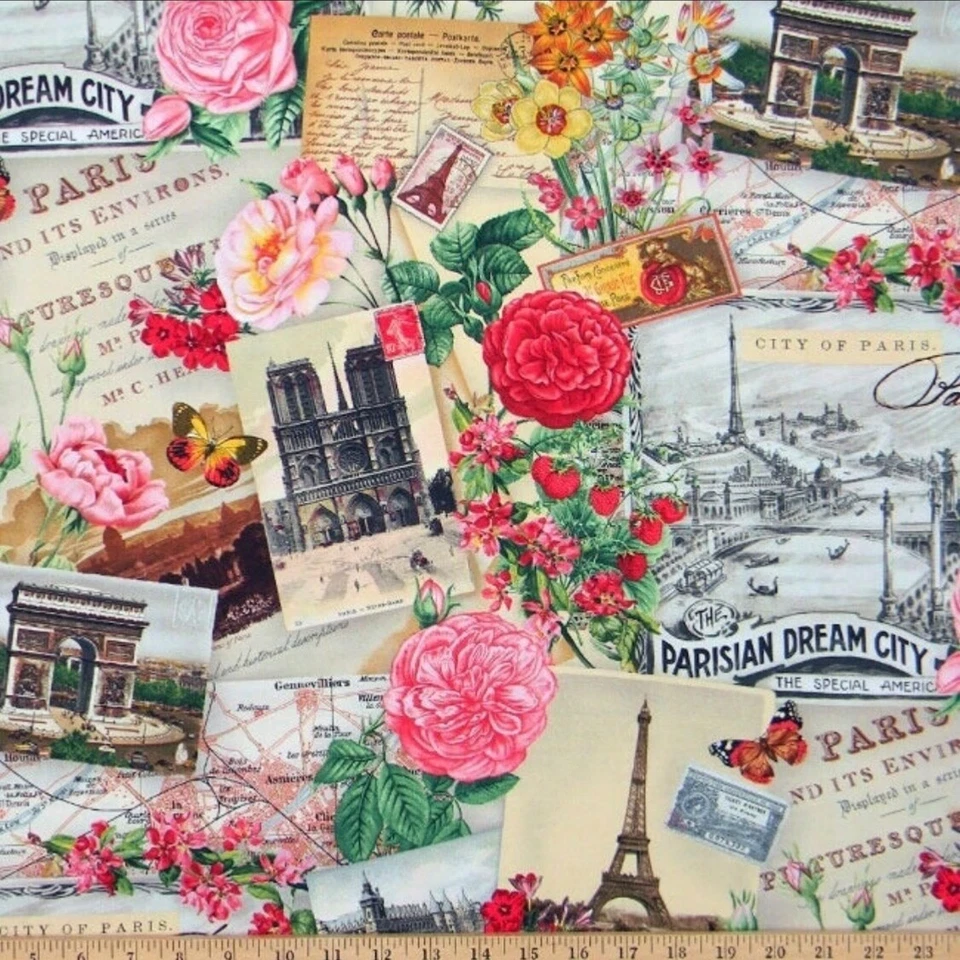 BTY By yard Spring in Paris Fabric 100% cotton Quilters Quality Effel Tower Rose - Image 1 of 1