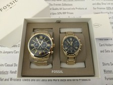 Reloj de Pulsera FOSSIL His & Hers conjunto Flynn Cronógrafo Dorado Acero Inoxidable De Acero Relojes Nuevo Y En Caja