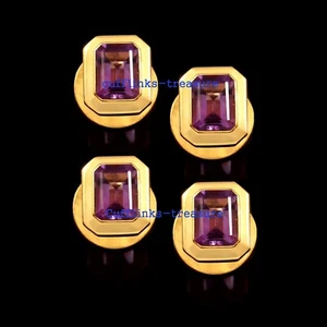 Natural Amethyst Gemstones 925 Sterling Silver Gold PlatedTuxedo Buttons set #79 - Picture 1 of 6