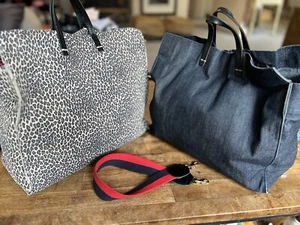 2 Clare V Simple Leopard Animal Print Suede / Denim Totes Bag Detachable Strap - Picture 1 of 21