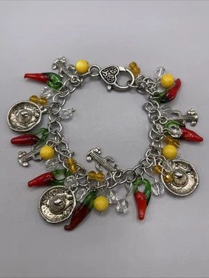 Charm Bracelet Jewelry Woman Glass Hot Papper Chili Cactus Sombrero Silver Tone - Image 1 of 4