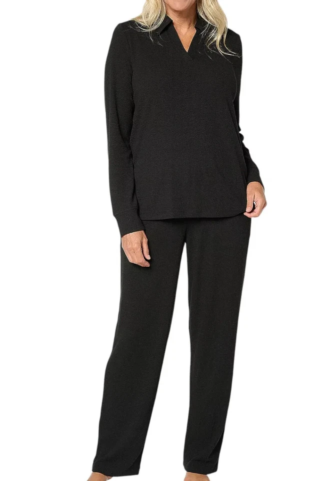 Juego de salón para mujer Cuddl Duds Soft Rib negro Foto 1 de 1