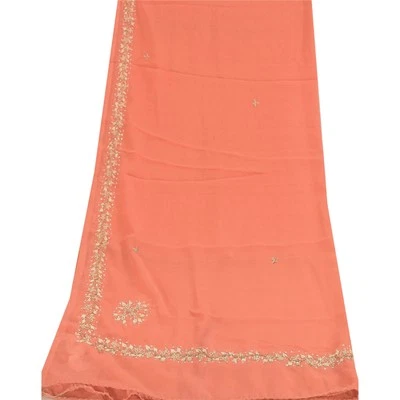 Sanskriti Vintage Peach Dupatta Long Stole Georgette Hand Beaded Zardozi Veil - Image 1 of 4