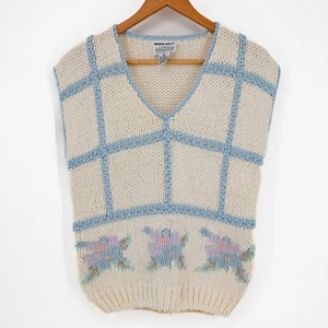 VTG Hand Knitted Cardigan Vest Womens Large Floral Cottage Core Coquette Home - Picture 1 of 11