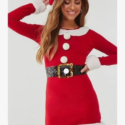 Forever 21 Feo Navidad Suéter Papá Noel Vestido Con Lentejuelas Cinturón Y Sombrero Para Mujer M Foto 1 de 4