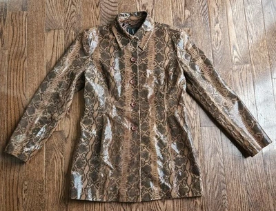 Y2K INC Brown Leather Snake Print Button Up Trench Coat Womens Size Medium - Image 1 of 4