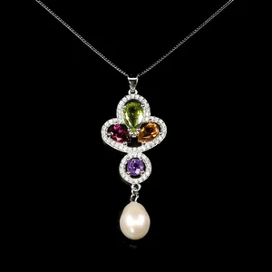 925 Sterling Silver Necklace Pear Peridot 8x5mm Citrine Pearl Gemstone jewelry - Picture 1 of 14