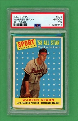 Tarjeta de béisbol antigua 1958 Topps #494 Warren Spahn * PSA buena + 2,5 * Milwaukee Braves Foto 1 de 2