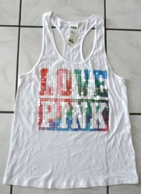NUEVO CON ETIQUETAS CAMISETA SIN MANGAS VICTORIA'S SECRET LOVE ROSA LENTEJUELAS BLING Blanca XS Arco Iris Logo G830 Foto 1 de 4