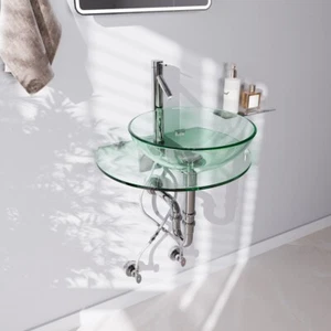 Glass Wall Mount Bathroom Console Sink Round with Chrome Faucet and Sink Drain - Picture 1 of 11
