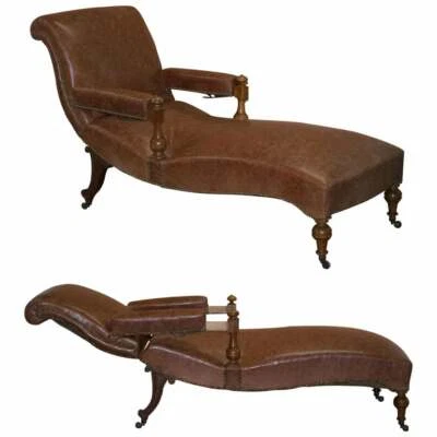 POLTRONA RECLINÁVEL TOTALMENTE RESTAURADA CHAISE LOUNGE CIR 1860 COURO MARROM VITORIANO - Imagem 1 de 4