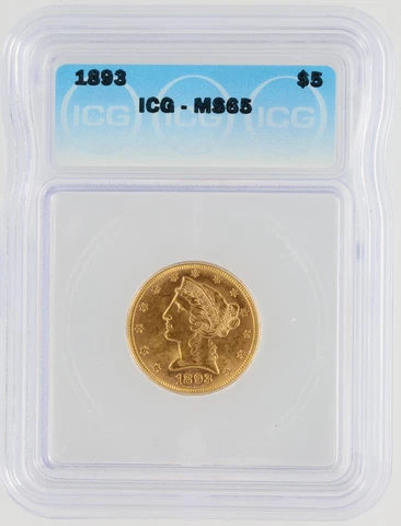 1893 Half Eagle ICG MS65 $5 Philadelphia Minted Liberty Head Gold Coin Cover