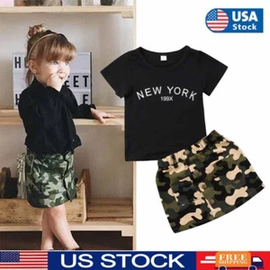 Toddler Kid Baby Girls Camo Button Skirts Letter Tops Shirts Outfits Clothes Set - Picture 1 of 8