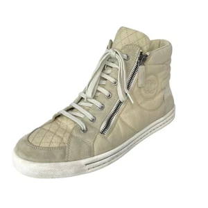 CHANEL 2015 Beige Quilted Canvas & Suede Lace Up High Top Logo CC Sneakers US 10 - Picture 1 of 15