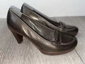 Stuart Weitzman Pewter Brown Leather Loafer Heels Size 6M - Picture 1 of 8