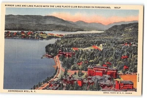 Postcard Mirror Lake and Lake Placid Club Adirondack Mountains NY Aerial 1940s - Picture 1 of 2